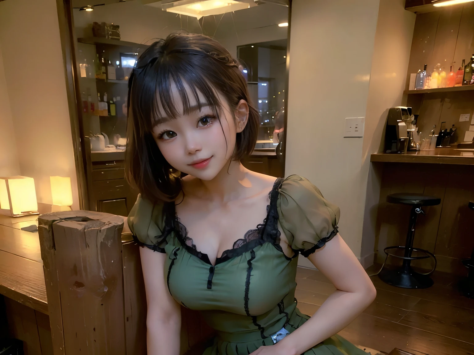 (Highest quality, masterpiece, Ultra-high resolution, 8k, RAW Photos, Realistic, Anatomically correct:1.5), 20-year-old girl:1.2, Embarrassing, avert your eyes, blush:1.0, View Viewer, ((bar)) 、Large windows、Night view、 Light:1.2, Bokeh, Cinema Lighting:1.0, Depth of written boundary, sharp、 Cute Face、Idol、(Black short sleeve lace top)、(Black tulle skirt)、(Green clothes)、”dwarf”、(Full Body Shot)、(Side angle)、Cowboy Shot、( smile)、((Ultra short hair、Berry Short))、(Straight bangs)、((See-through))、(( One woman))、look back、I can see your belly button、