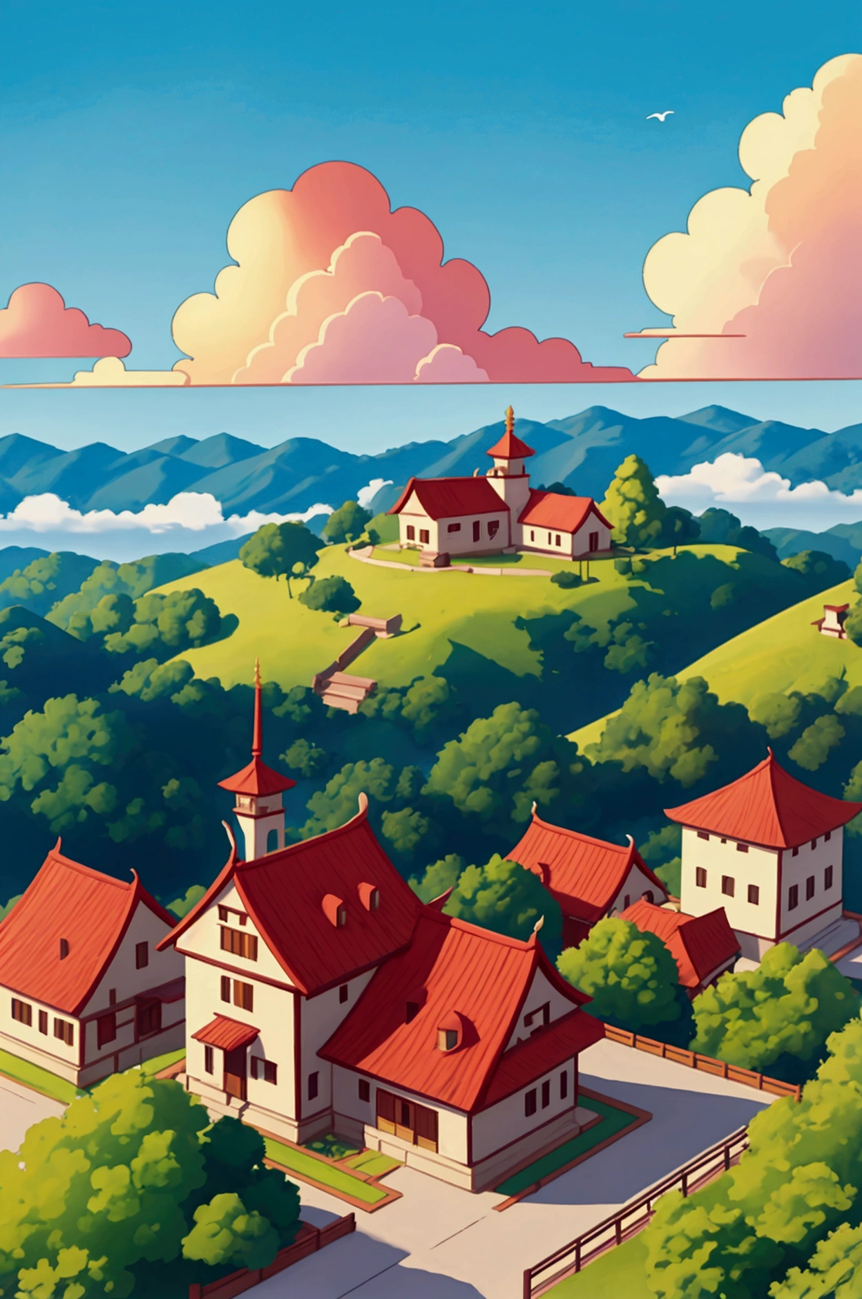High Angle,Overlooking,Minority ethnic buildings,Building on a hill,Beautiful natural scenery,sunny,There are clouds in the sky