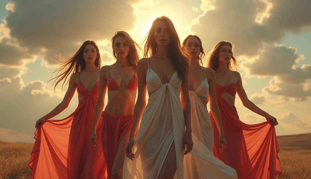 (Masterpiece.UHD.photorealistic) (epic cleavage 100e size) beautiful goddesses, goddess of temptation, goddess of beauty, goddess of desire, long flowing hair, piercing gaze, seductive expression, porcelain skin, alluring figure, revealing dress, flowing fabric, dramatic lighting, dramatic pose, cinematic composition, highly detailed, photorealistic, intricate details, vibrant colors, dramatic shadows, masterpiece, 8k, high quality.early morning light.fluffy clouds ground.
