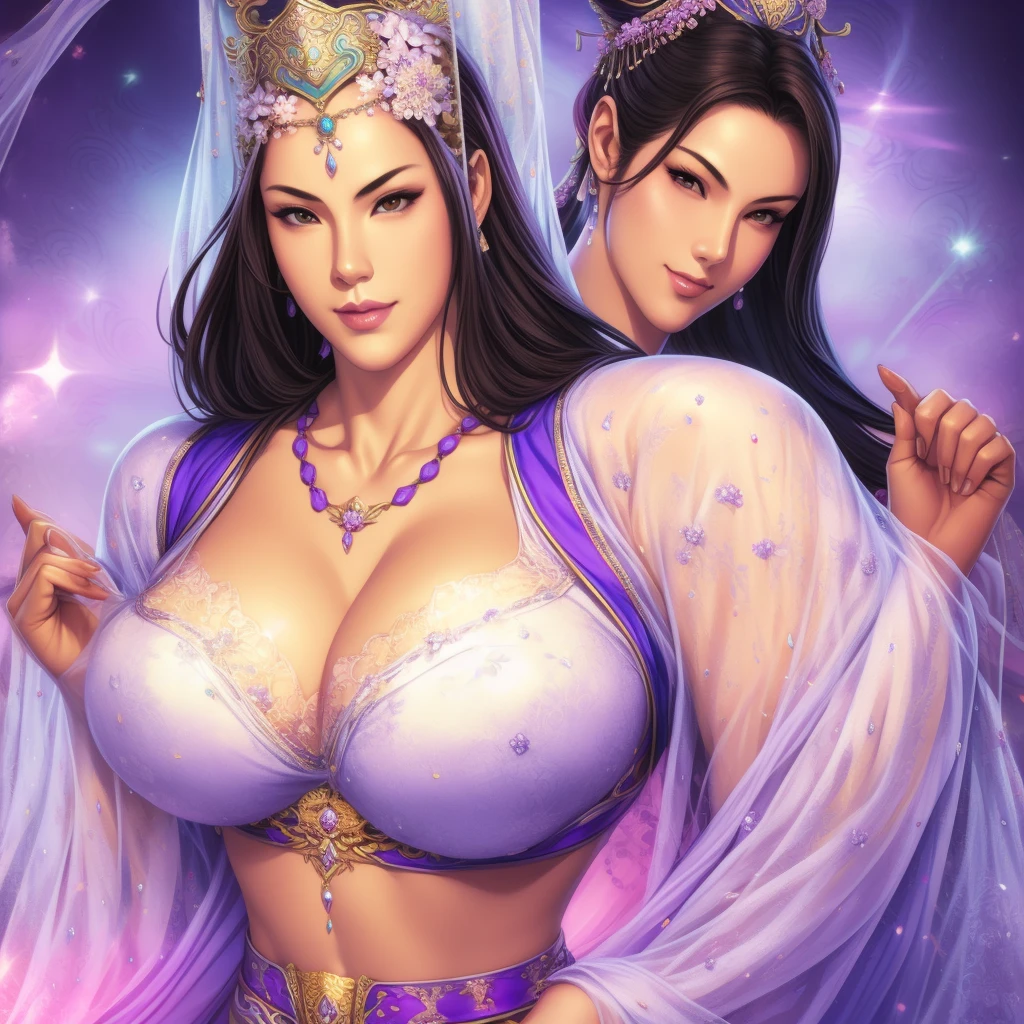 Wearing sexy transparent platinum low-cut lace armor cleavage big breasts、Close-up of woman holding lotus, Headdress, Violet necklace, jade belt , Toned abdominal muscles, Beautiful fantasy queen, ((Beautiful Chinese Fantasy Queen)), Beautiful Celestial Mage, Beautiful character painting, Full body fairy, Portrait of the Knights of the Zodiac, author：Yang J, G Liulian art style, Fantasy art style, shorten