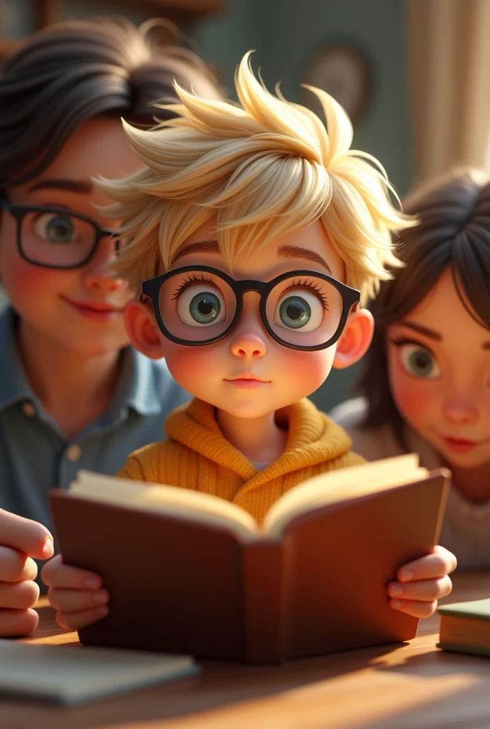 Make a family with a blonde boy, using glasses, this boy is  and looks super smart 