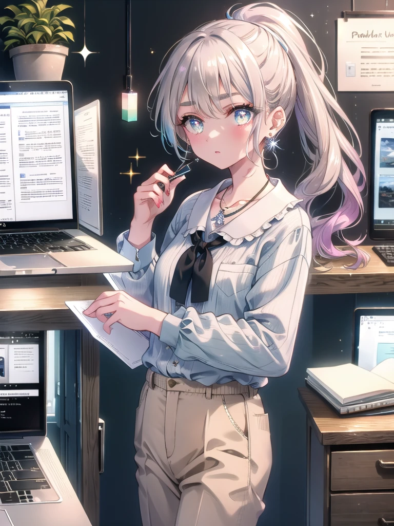 ((8k, Highest quality, masterpiece: 1.3)),Ultra-high resolution,(1 girl, alone), (Color changing eyes, Ultra-detailed, Expressive brilliance, Glitter, Glowing Eyes), Highly detailed eyes, Highly detailed face, Random Hair, ((pastel colour))The woman is at her office desk, focused on her laptop while reviewing documents. The desk is organized with a sleek laptop, a notepad, a pen holder, and a small potted plant. She’s wearing a light blue blouse tucked into beige slacks, paired with simple black loafers. Her hair is neatly tied back in a low ponytail, and she’s wearing minimalistic jewelry—a small silver necklace and stud earrings. She looks at the camera with a focused expression, slightly furrowing her brows, showing her dedication to her work.