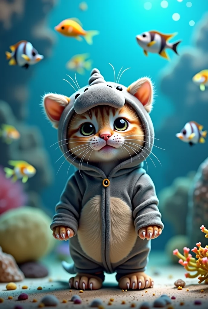 kitten cute Hippo costume Aquarium background Real