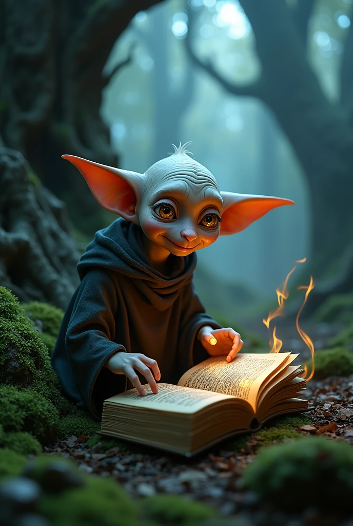 a happy and mischievous house elf Dobby in a dark forest, studying dark magic, extremely detailed, beautiful lighting, vivid colors, photorealistic, masterpiece, hyperrealistic, 8k, high quality, intricate details, magical atmosphere, dramatic lighting, dark and moody, fantasy, cinematic