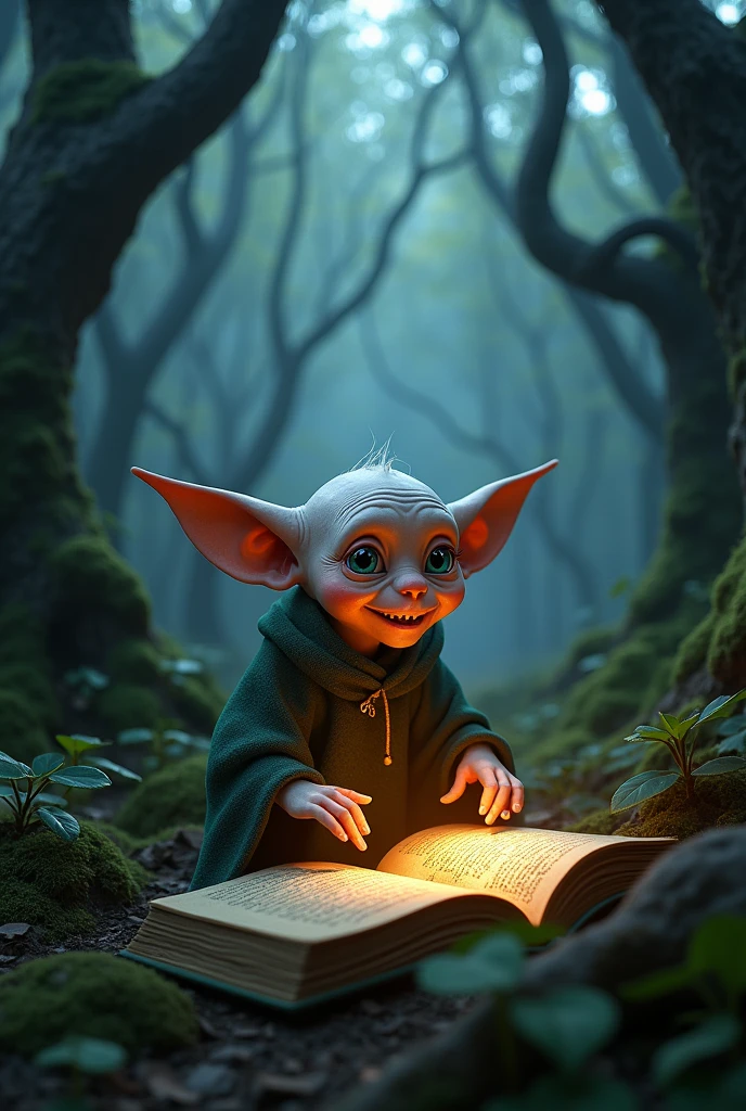 a happy and mischievous house elf Dobby in a dark forest, studying dark magic, extremely detailed, beautiful lighting, vivid colors, photorealistic, masterpiece, hyperrealistic, 8k, high quality, intricate details, magical atmosphere, dramatic lighting, dark and moody, fantasy, cinematic
