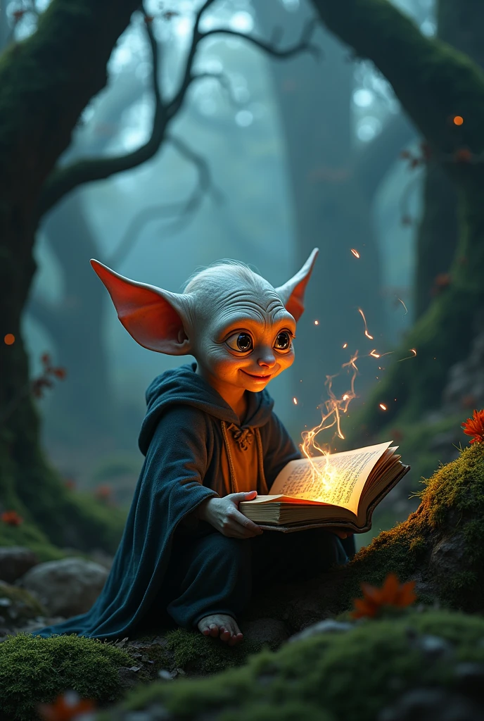a happy and mischievous house elf Dobby in a dark forest, studying dark magic, extremely detailed, beautiful lighting, vivid colors, photorealistic, masterpiece, hyperrealistic, 8k, high quality, intricate details, magical atmosphere, dramatic lighting, dark and moody, fantasy, cinematic