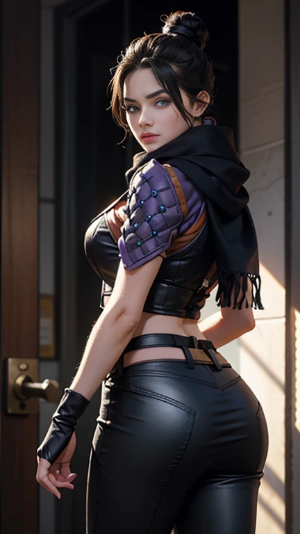 Wraith apex legends, pretty face focus, Masterpiece artwork, best qualityer, kissshotms, 1 girl, breasts big, natta, Efeito de Luz, Masterpiece artwork, best qualityer, 1 girl, mature woman, 8k, UHF, big-ass, (abdomen, )muscular woman, Waist slender, detailedeyes, FGO1, 1stClothing, 1 girl, 独奏, hair bun simples, hair bun, scarf, sultry posing, Bblack hair, scarf preto, blue colored eyes, bangss, bangss distribuída, Hair behind the ear, mitts, piercing no nariz, mitts pretas 