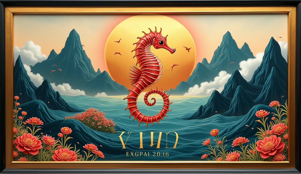 A logo design was created with the letters MJP in the center.。Japanese floating painting style、Seahorse Design. Japanese style、Japanese-style、high quality, A luxurious image. In the center is a map of Japan、Malaysia map hidden、Ocean、Mountain、All designs are housed in a glamorous gold frame.