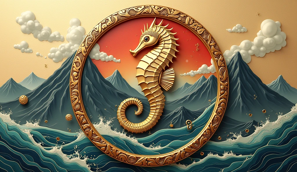 A logo design was created with the letters MJP in the center.。Japanese floating painting style、Seahorse Design. Japanese style、Japanese-style、high quality, A luxurious image. In the center is a map of Japan、Malaysia map hidden、Ocean、Mountain、All designs are housed in a glamorous gold frame.