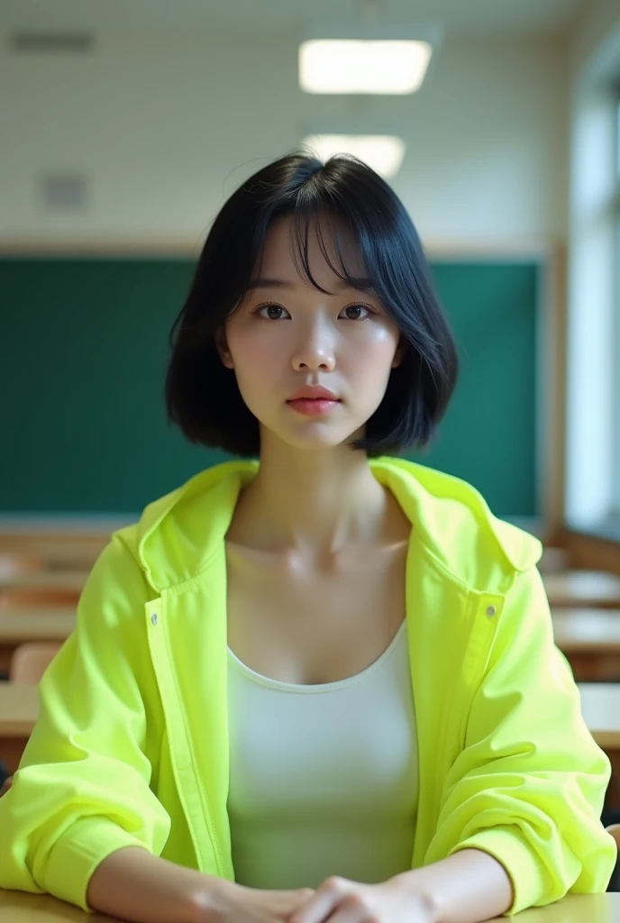 Photorealistic image of a japanese woman with Black short bob hair,wearing a white tank top and fluorescent green sun protection jacket, sitting at a desk in a brightly lit classroom with a blackboard, ceiling flat lights, and a large window in the background, with soft light highlighting her features, cinematic composition, front view of face