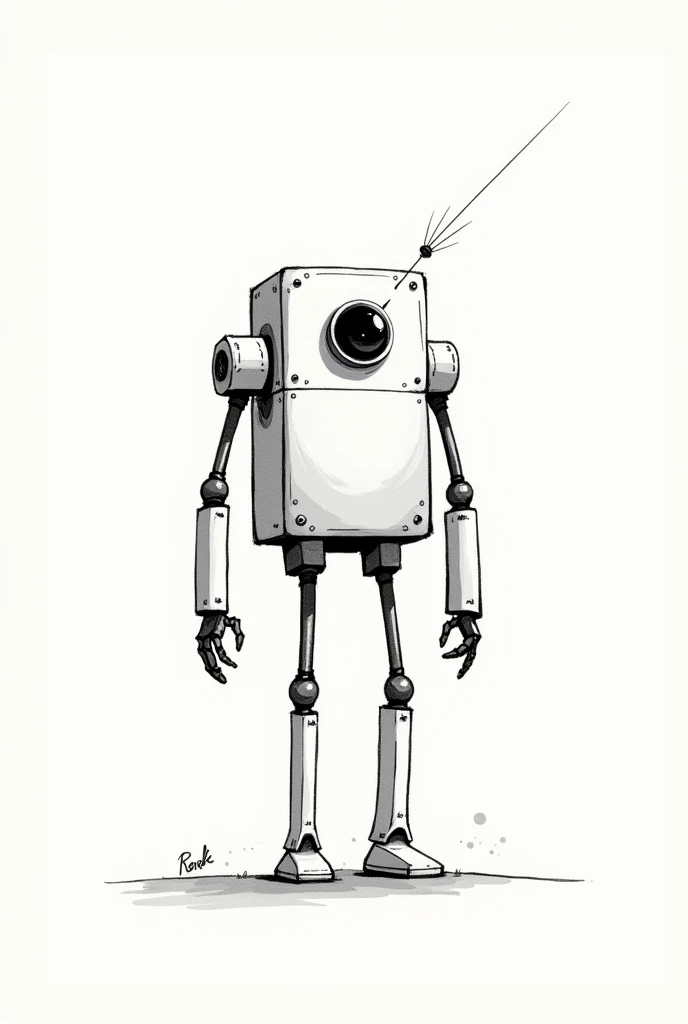 create a picture of a robot in 2D style, drawn with a black marker. The robot must be simple, composed of basic geometric figures and without much detail. frontal. Specifications: Short height and thick build.
Robot levitates in the air without wings. 
It doesn&#39;t have legs.
He has only one eye that shoots a laser beam..
Their limbs are long but of simple design..
There should be no filling OR DOUBLE LINES, only outlines.