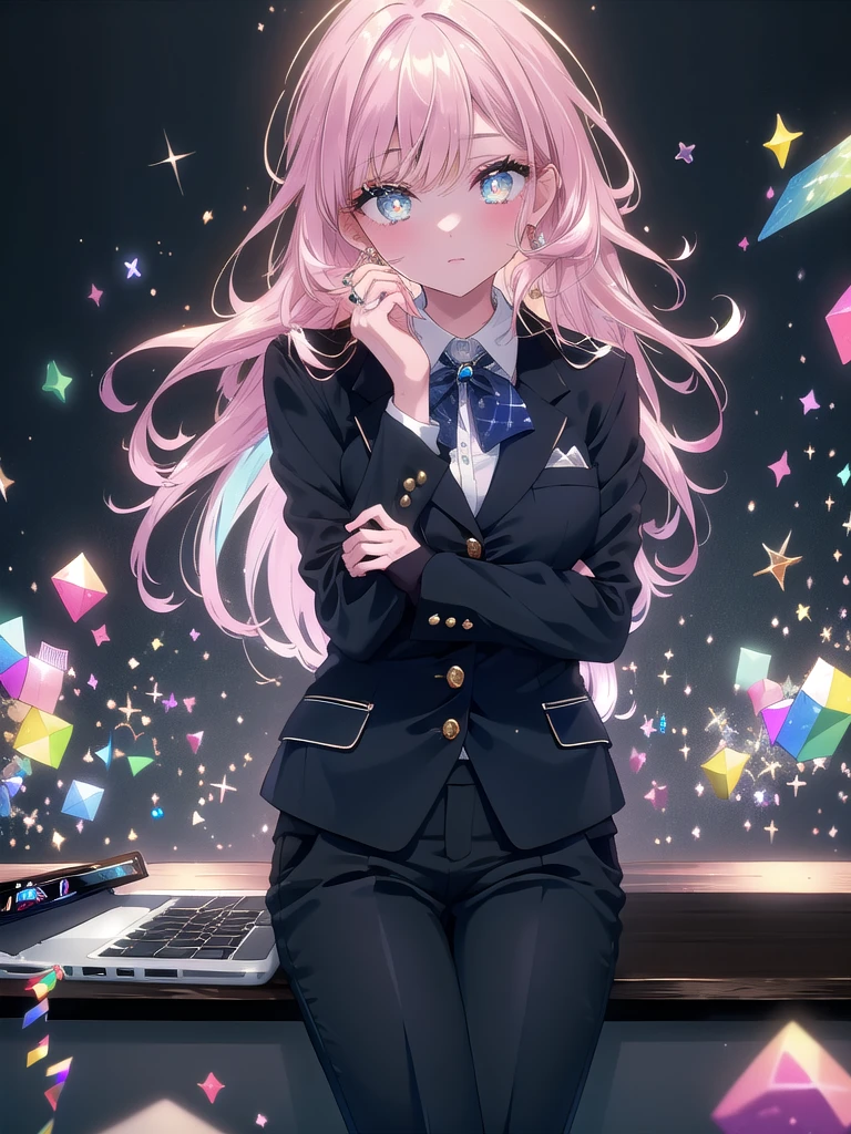 ((8k, Highest quality, masterpiece: 1.3)),Ultra-high resolution,(1 girl, alone), (Color changing eyes, Ultra-detailed, Expressive brilliance, Glitter, Glowing Eyes), Highly detailed eyes, Highly detailed face, Random Hair, ((pastel colour))Seated at a conference table, the woman is participating in a virtual meeting. Her desk is set with a laptop, a notebook, and a cup of coffee. She’s dressed in a tailored navy blazer over a white blouse and slim-fit black trousers, with black flats. Her hair is loosely styled, framing her face gently. She’s looking at the camera with a confident and engaged expression, taking notes as she listens intently to the discussion.