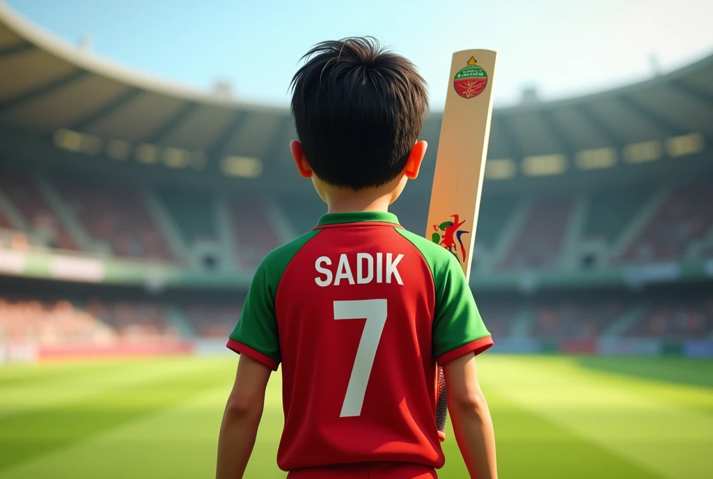 2 1 boy wearing a red and green jarsey in a cricket stadium holding cricket bat And the jarsey number is 7.Show the backside.show the name of jarsey Sadik