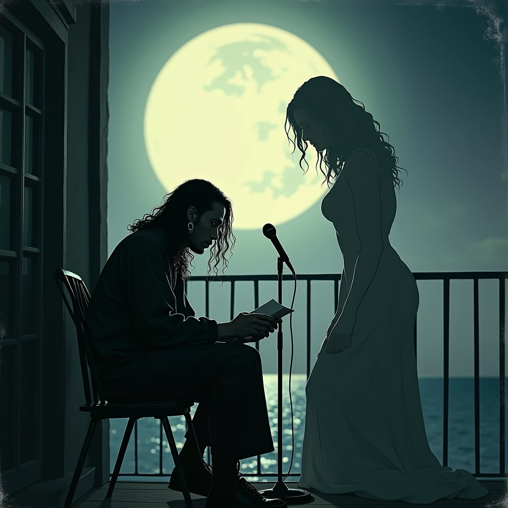 creates the image of a man sitting alone in a chair next to his balcony creating poems next to the window with a moon and a serene night, The dark-skinned man with long wavy hair wearing oversized clothing and a hanging marijuana earring and a microphone on a pedestal while creating a feminine shadow, Also add letters that say the name of the cover "Moongirl" It is written at the top in large letters., worn out letters, as if they were stamped.
