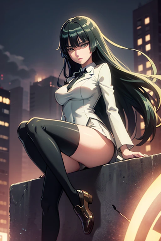 Highest quality、Ultra HD、One Woman、(Dark green long hair 1.3)、(White Suit 1.3)、(White tight skirt 1.3)、(Black tie)、(Black loafers 1.1)、((tall))、((1 who has a gun.2))、(Large Breasts)、(Black knee-highs 1.2)、(Beautiful face with sharp eyes 1.2)、40-year-old woman、Slender body、(Night city background 1.2)、((Clear and beautiful touch))