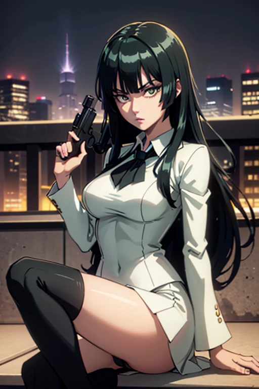 Highest quality、Ultra HD、One Woman、(Dark green long hair 1.3)、(White Suit 1.3)、(White tight skirt 1.3)、(Black tie)、(Black loafers 1.1)、((tall))、((1 who has a gun.2))、(Large Breasts)、(Black knee-highs 1.2)、(Beautiful face with sharp eyes 1.2)、40-year-old woman、Slender body、(Night city background 1.2)、((Clear and beautiful touch))