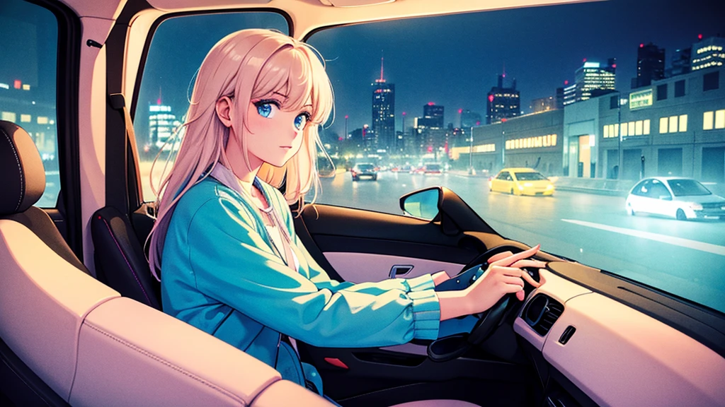 Create an image from the angle inside a car, showing a woman with a thoughtful expression on her face as she gazes out of the side window at the cityscape. The city outside should be visible, illuminated by streetlights and neon signs. Use soft, pastel colors and subtle gradients to capture a dreamy, reflective atmosphere. Ensure the interior of the car feels cozy and comfortable, adding to the overall serene vibe.