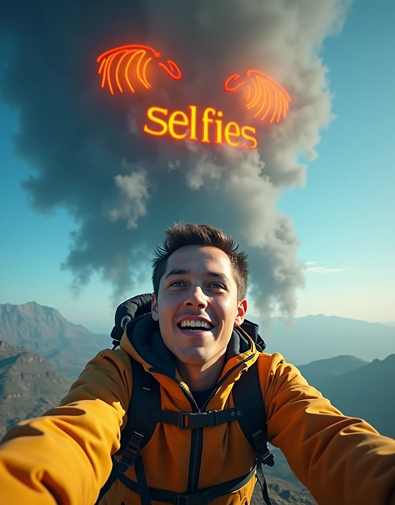 (Suspended in the air between scene and the viewer, a translucent, almost ghostly black message reads exactly: "Last selfie!". The text appears as if it's floating, blurred at the edges, with the letters formed from a faint mist or dark black smoke that lingers in the space. The smoky words are readable, though not overly bright, hovering just in front of his gaze, creating a surreal yet powerful effect. Text exactly says: "Last selfie!". Text says: "Last selfie!". semi-transparent text that reads 'Last selfie!' in a dramatic, bold font. The text almost acts as a title, floating in the air, partially obscuring the scene but enhancing the overall tension and urgency of the moment.)