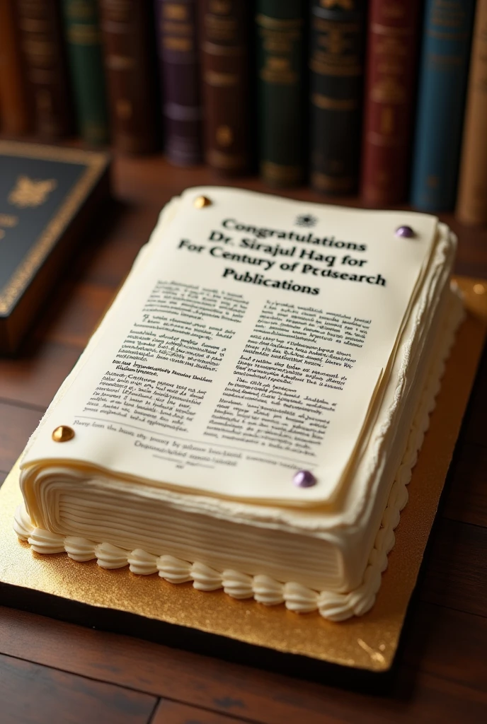 Generate image of a cream cake of black and golden theme having rectangular shape and the content written on it must be like a research paper. The title of the paper must be "Congratulations Dr. Sirajul Haq for century of research publications". It must have layout similar to research papers of any international journal of chemistry, add appropriate content for congratulating Dr. Sirajul Haq. Regards student of department of chemistry, University of AJ&K Muzaffarabad