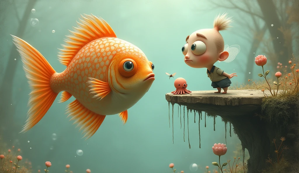 In a surreal, dreamlike setting, two large, anthropomorphic fish hovers in mid-air, its scales shimmering with subtle iridescent hues, and its large, round eyes, large eye ball, fat body, funny face, full of curiosity. The fish has vibrant orange fins that fan out gracefully, with delicate, translucent edges that catch the light. It faces a peculiar, a cartoonish man who is dressed in a perfectly tailored black suit, complete with a crisp white shirt and a tall, slightly tilted top hat. The man's head is disproportionately large, exaggerated popped eyes that mirror the fish's inquisitiveness. His expression is one of intense focus as he leans precariously forward on the edge of a weathered platform, his hands clasped behind his back. Between them, a tiny, delicate insect with gossamer wings hovers, seemingly frozen in the moment. Behind the man there's a cute baby octopus, seems it is his pet. The background is an ethereal, muted blend of soft grays, beiges, and blues, with faint, abstract textures that enhance the otherworldly atmosphere of the scene. A single, fragile flower grows from a crack in the platform, adding a touch of whimsy to the already fantastical environment. There are so many bubbles around and underwater plants in the background.