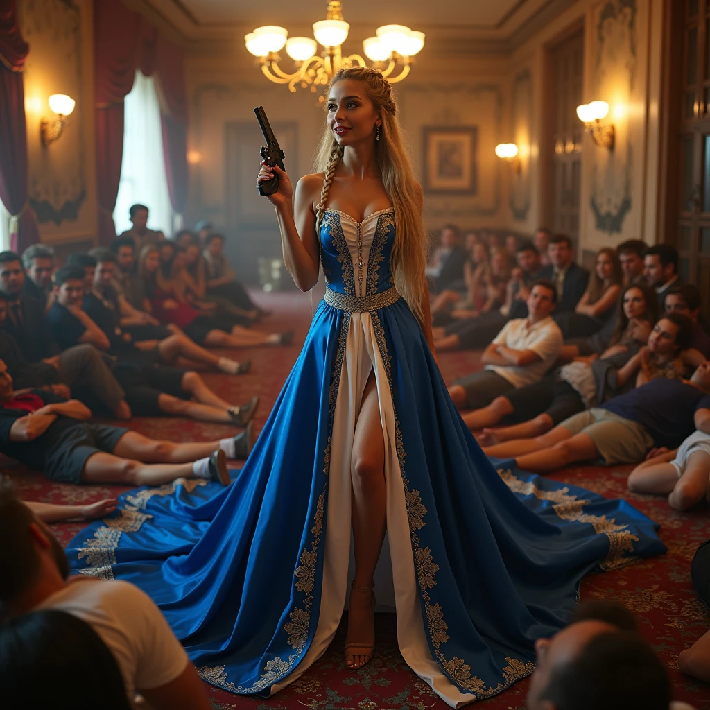 wide depth of field, wide depth of focus, f/11 lens setting, all objects in focus, full color image, woman holding pistol, holding a pistol, large fraternity house game room, full body image, (royal blue and white satin fantasy dress), woman posing with a pistol aimed at camera, long blonde hair in braids, confidant smile, pure form, intricate details, 8K post-production, high resolution, super detailed, Popular topics on Artstation,, Studio photos, intricate details, Very detailed, she stands in the middle of the room and she is surrounded by a large pile of defeated men laying unconscious with closed eyes on the floor