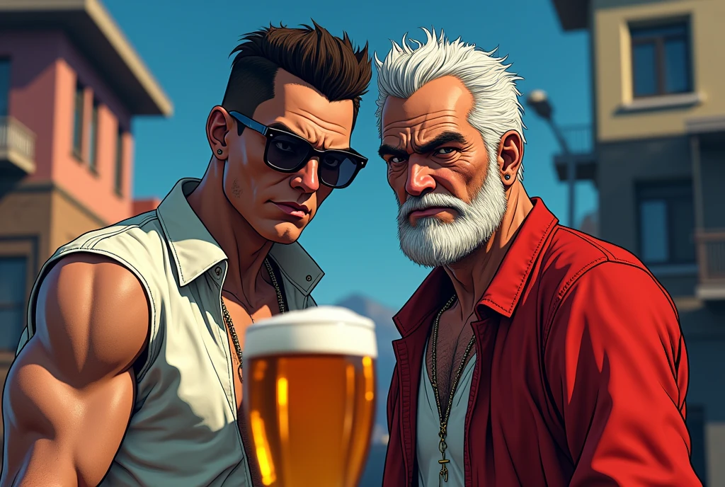 A man with half a body and a clean-shaven face, and a man with white hair and a clean-shaven face looking forward, one of the men makes a hand sign, In sunglasses, man with half body in GTA V style, like a character from gta, gta5 style, GTA V style, gta character, Germa985 , as the main character of gta 5, GTA 6 style, ! split hair dye!, Персонаж GTA V, gta 5 skin tone, GTA V street style, glass of beer in the background, photo with half body full length, glass of beer front man with short hair, glass of beer with foam