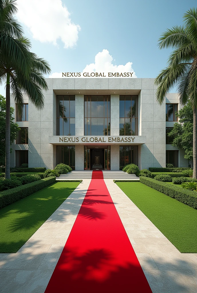 A wonderful and luxurious building, it's on it's own with large compound with trees and Grass with Singaporean architecture and the words Nexus Global Embassy fully exposed on the building separate concrete with red carpet on the entrance with a good full view and angle .Expose the words Nexus Global Embassy on the concrete fully I can't see the words and the driveway the spelling is wrong