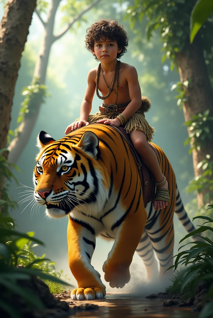 A boy sit  upon tiger his dress is tarjan