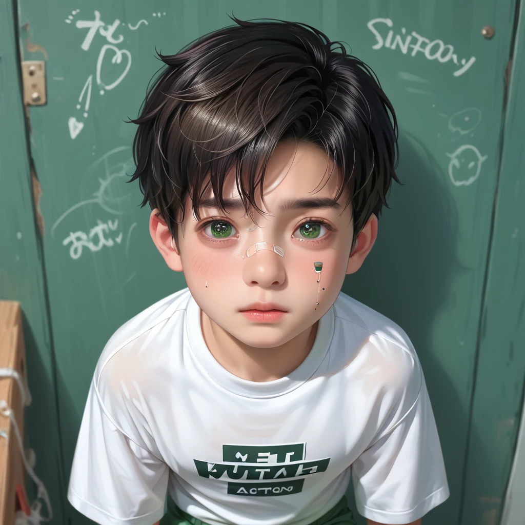 score_9, score_8_superior, score_7_superior, score_6_superior, score_5_superior, score_4_superior, super realistic),(alone, shota boy, age 15, (detailed eyes, detailed face, wearing a white t-shirt and green shorts), looking sadly