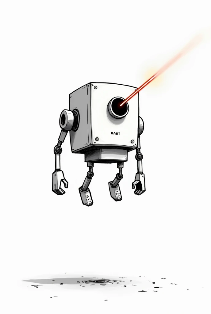 create a picture of a robot in 2D style, drawn with a black marker. The robot must be simple, composed of basic geometric figures and without much detail. frontal. Specifications: Short height and thick build.
Robot levitates in the air without wings.
It doesn't have legs.
He has only one eye that shoots a laser beam..
Their limbs are long but of simple design..
There should be no filling OR DOUBLE LINES, only outlines.