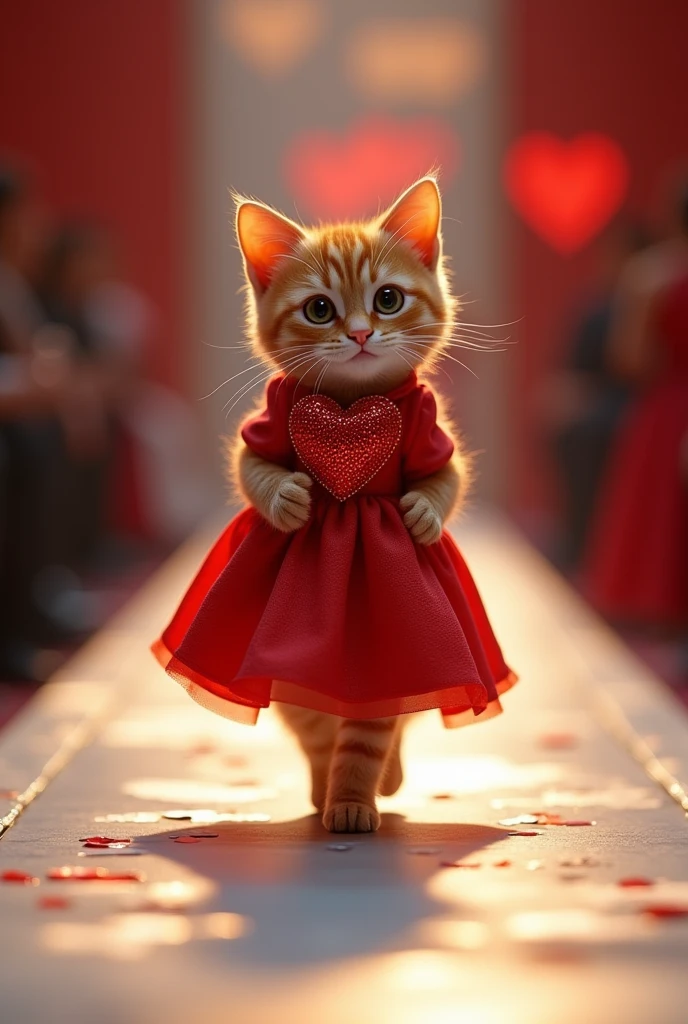 (photorealism:1.2), cute cat wearing red heart shape dress walking on the runway