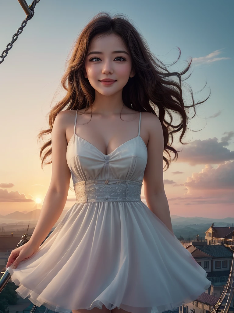 A photorealistic digital composition depicts the heart of an airy amusement park, where dreams danced among the clouds, there rode a young lady filled with a touch of magic and a sprinkle of enchantment. Her laughter floated like a melody, carried by the wind as she soared high on the mechanical swings that painted arcs in the sky. With each gentle rise and fall, her eyes sparkled like stars, reflecting the dazzling lights of the attractions below. The way her hair swirled around her face, caught in a playful tango with the breeze, added to her ethereal charm. She exuded a sense of whimsy that drew admiring glances from those who beheld her. As she reached the pinnacle of her ascent, her gaze wandered, searching for something or someone amidst the sea of faces below. A mischievous smile played upon her lips, hinting at a secret longing hidden within her heart. And in that moment, suspended high above the world, she seemed to embody the very essence of youthful infatuation and the thrill of being carried away by love’s sweet whispers. The creak of the swings, the hum of the machinery, and the distant laughter of fellow thrill-seekers all merged into a symphony of joy around her. The girl, lost in her own little world of love-struck reverie, swayed gracefully through the air, a graceful dancer in the sky. Each arching swing brought her closer to the heavens, her spirit soaring alongside her body, as if seeking to touch the clouds above. In that fleeting, magical instant, she was a vision of flirtatious whimsy, a radiant being untethered from earthly woes, basking in the blissful embrace of the skies. And as the sun dipped below the horizon, casting a rosy glow over the landscape, she remained perched atop her mechanical chariot, a dreamer in flight, forever chasing the elusive butterflies of love high up in the air. Evocative of Irakli Nadar's hyperrealism. Volumetric natural lighting bath the scene with a warm glow and contrasting shadows.