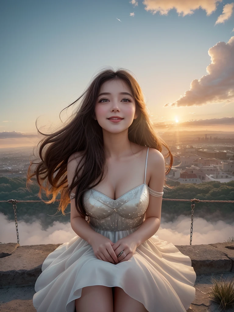 A photorealistic digital composition depicts the heart of an airy amusement park, where dreams danced among the clouds, there rode a young lady filled with a touch of magic and a sprinkle of enchantment. Her laughter floated like a melody, carried by the wind as she soared high on the mechanical swings that painted arcs in the sky. With each gentle rise and fall, her eyes sparkled like stars, reflecting the dazzling lights of the attractions below. The way her hair swirled around her face, caught in a playful tango with the breeze, added to her ethereal charm. She exuded a sense of whimsy that drew admiring glances from those who beheld her. As she reached the pinnacle of her ascent, her gaze wandered, searching for something or someone amidst the sea of faces below. A mischievous smile played upon her lips, hinting at a secret longing hidden within her heart. And in that moment, suspended high above the world, she seemed to embody the very essence of youthful infatuation and the thrill of being carried away by love’s sweet whispers. The creak of the swings, the hum of the machinery, and the distant laughter of fellow thrill-seekers all merged into a symphony of joy around her. The girl, lost in her own little world of love-struck reverie, swayed gracefully through the air, a graceful dancer in the sky. Each arching swing brought her closer to the heavens, her spirit soaring alongside her body, as if seeking to touch the clouds above. In that fleeting, magical instant, she was a vision of flirtatious whimsy, a radiant being untethered from earthly woes, basking in the blissful embrace of the skies. And as the sun dipped below the horizon, casting a rosy glow over the landscape, she remained perched atop her mechanical chariot, a dreamer in flight, forever chasing the elusive butterflies of love high up in the air. Evocative of Irakli Nadar's hyperrealism. Volumetric natural lighting bath the scene with a warm glow and contrasting shadows.