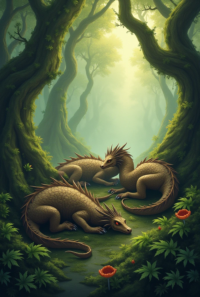 sick dragons in a forest 