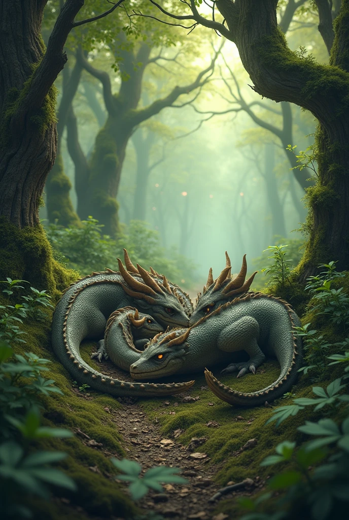 Two huge hydra head skull,on floor,pine forest, rock floor,flower around, candles