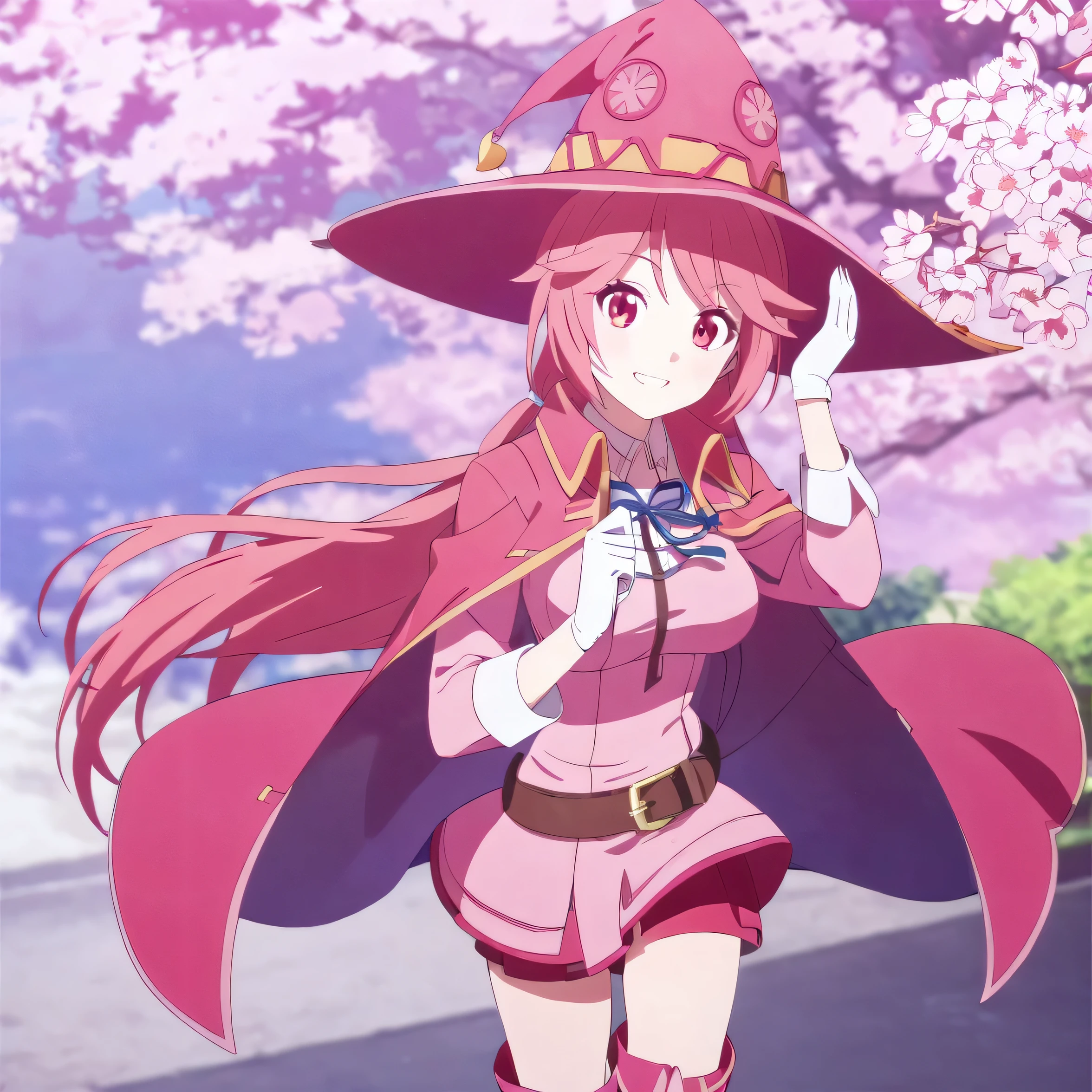 Anime girl,HD,Sakura Day Background,pink Long Hair,Red eyes,pink Witch Hat,Pink Cloak,pink long boots,medium breasts,leather belt,1girl,female,beautiful,white glove,Sakura