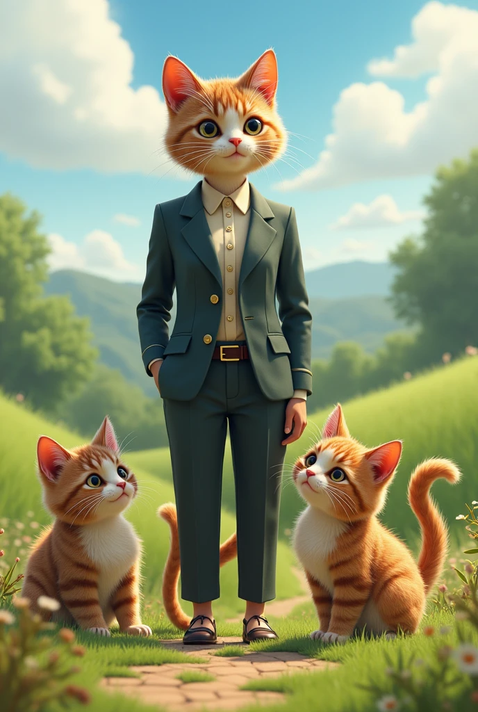 An adult female cat tour guide saying goodbye to her three kittens in dress clothes in a landscape.