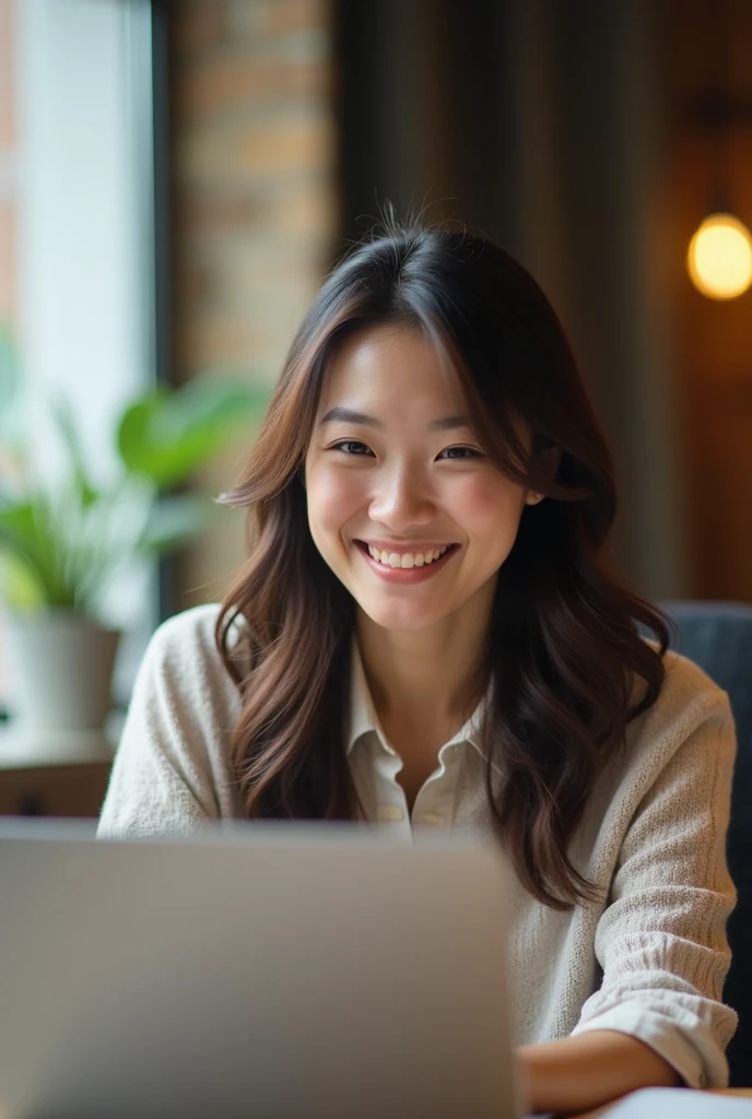 Asian woman happily doing web design