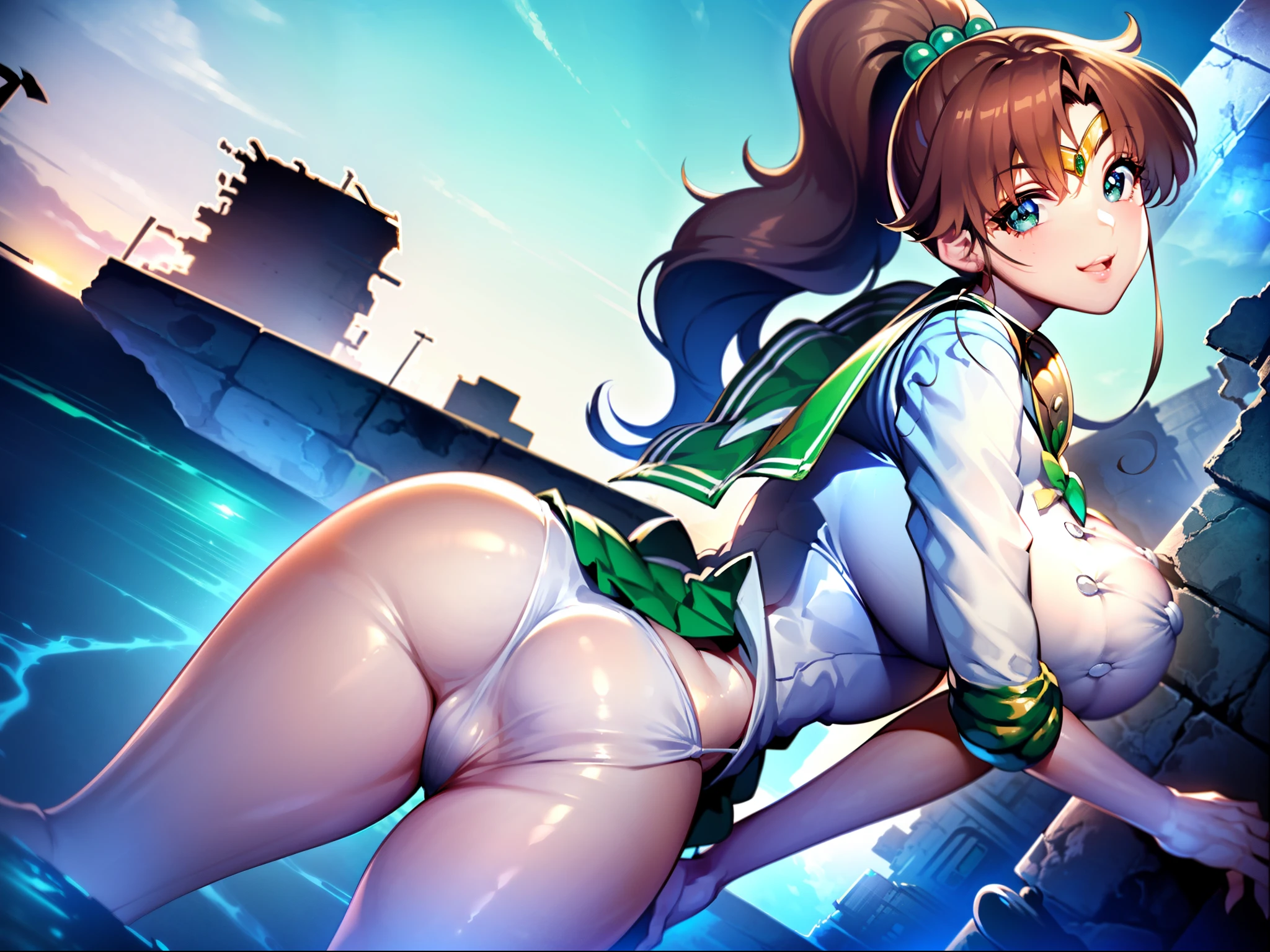 Highest quality, High resolution,((Sailor Jupiter)), One Girl, single, alone, Beauty, bangs, Brown Hair,Long ponytail)), ((Green Eyes, Beautiful eyelashes, )), (( Super anime CG style)), Big Breasts, Dynamic Angle, Perfect body, ((とても恥ずかしいパニックsmile、Look back and see this,Sticking out her butt,(I can see the whole butt)、（White lace sheer panties)、tall、No sleeve,The ruins in the background are very beautiful,Big eyes,(High definition and very beautiful eyes).smile,Deep green ultra-mini skirt,Looking up at the butt,Jupiter is visible,