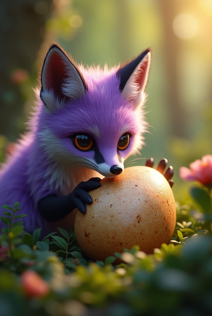 a highly detailed, photorealistic purple fox, hatching an ostrich egg in a lush forest, cute and whimsical, intricate details, warm lighting, vibrant colors, (best quality,4k,8k,highres,masterpiece:1.2),ultra-detailed,(realistic,photorealistic,photo-realistic:1.37),extremely detailed fox,beautiful detailed eyes,beautiful detailed fur,extremely detailed ostrich egg,lush green forest,warm sunlight,soft lighting,magical atmosphere,whimsical fantasy,giant ostrich egg