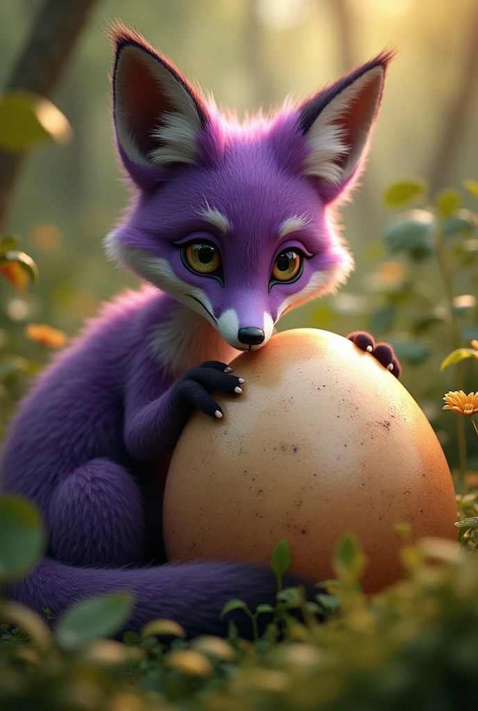 a highly detailed, photorealistic purple fox, hatching an ostrich egg in a lush forest, cute and whimsical, intricate details, warm lighting, vibrant colors, (best quality,4k,8k,highres,masterpiece:1.2),ultra-detailed,(realistic,photorealistic,photo-realistic:1.37),extremely detailed fox,beautiful detailed eyes,beautiful detailed fur,extremely detailed ostrich egg,lush green forest,warm sunlight,soft lighting,magical atmosphere,whimsical fantasy,giant ostrich egg