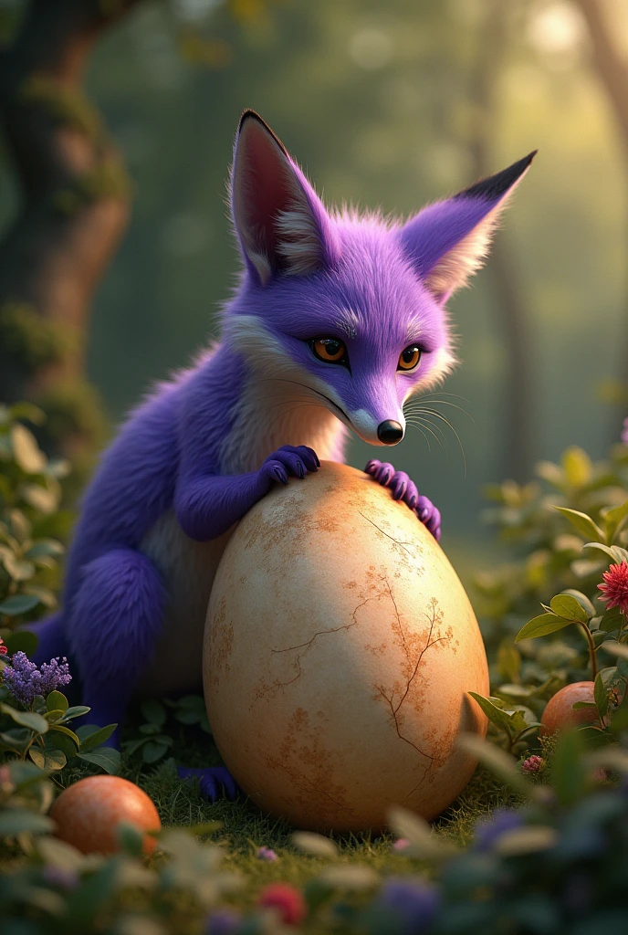 a highly detailed, photorealistic purple fox, hatching an ostrich egg in a lush forest, cute and whimsical, intricate details, warm lighting, vibrant colors, (best quality,4k,8k,highres,masterpiece:1.2),ultra-detailed,(realistic,photorealistic,photo-realistic:1.37),extremely detailed fox,beautiful detailed eyes,beautiful detailed fur,extremely detailed ostrich egg,lush green forest,warm sunlight,soft lighting,magical atmosphere,whimsical fantasy,giant ostrich egg