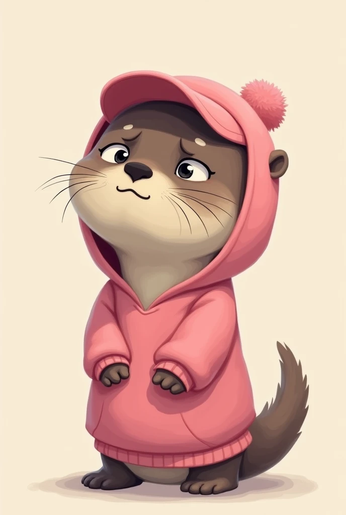 drawing of an otter, with pink cap, pink sweatshirt, tender, with crying face