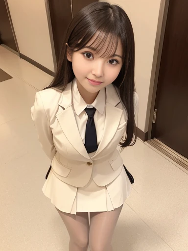 Japanese female, (underweight), (medium bust best quality:1.0), 30 years old, (cheerful grin:1.0),
bending over, long hair, (cream interview suit ,cream skirt pantyhose,), in the office building entrance, (picking up papers on the floor), full body shot, from above