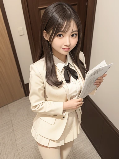Japanese female, (underweight), (medium bust best quality:1.0), 30 years old, (cheerful grin:1.0),
bending over, long hair, (cream interview suit ,cream skirt pantyhose,), in the office building entrance, (picking up papers on the floor), full body shot, from above