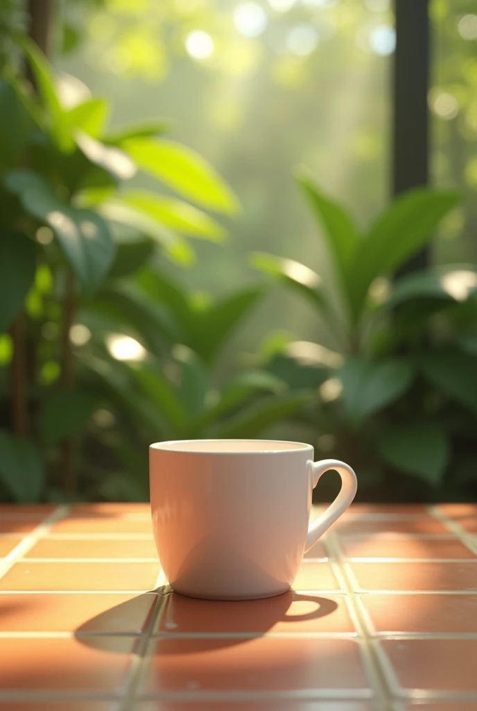 A casual breakfast scene on a warm-toned tiled table with mug white color , Placed in the center. in the background, Lush greenery add a natural feel., Relaxed atmosphere. The overall lighting is warm and inviting., Creates soft shadows