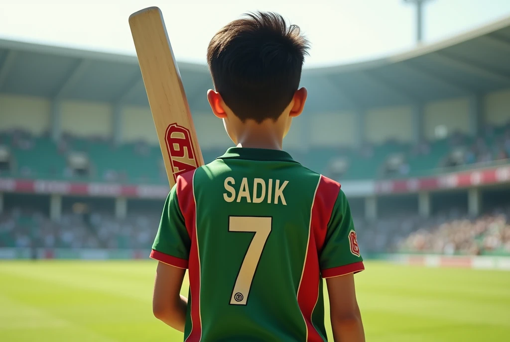 2 1 boy wearing a green and red jarsey in a cricket stadium holding cricket bat And the jarsey number is 7.Show the backside.show the name of jarsey Sadik