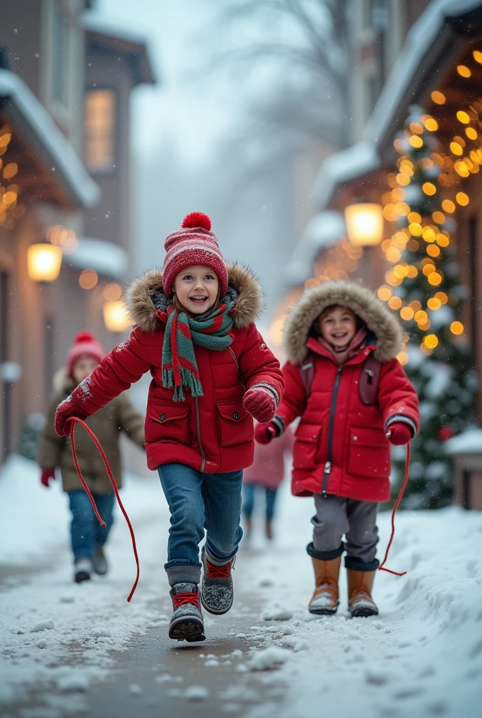 Children playing in the street with their toys at Christmas