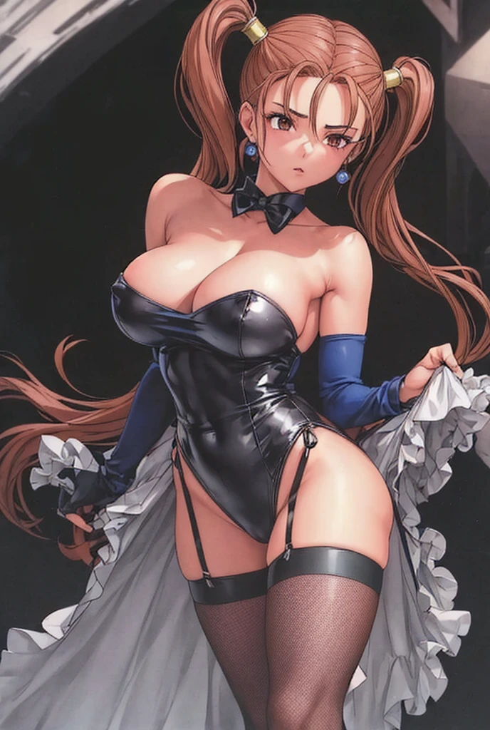 Jessica, with her large breasts, beautiful legs, shoulder-length twin tails, and mature face, showing off her arms and shoulders, is dressed as a bunny girl in a black high-cut bunny suit and fishnet stockings, standing with her legs spread to the side.。A middle-aged man from the nobility stands next to Jessica.。