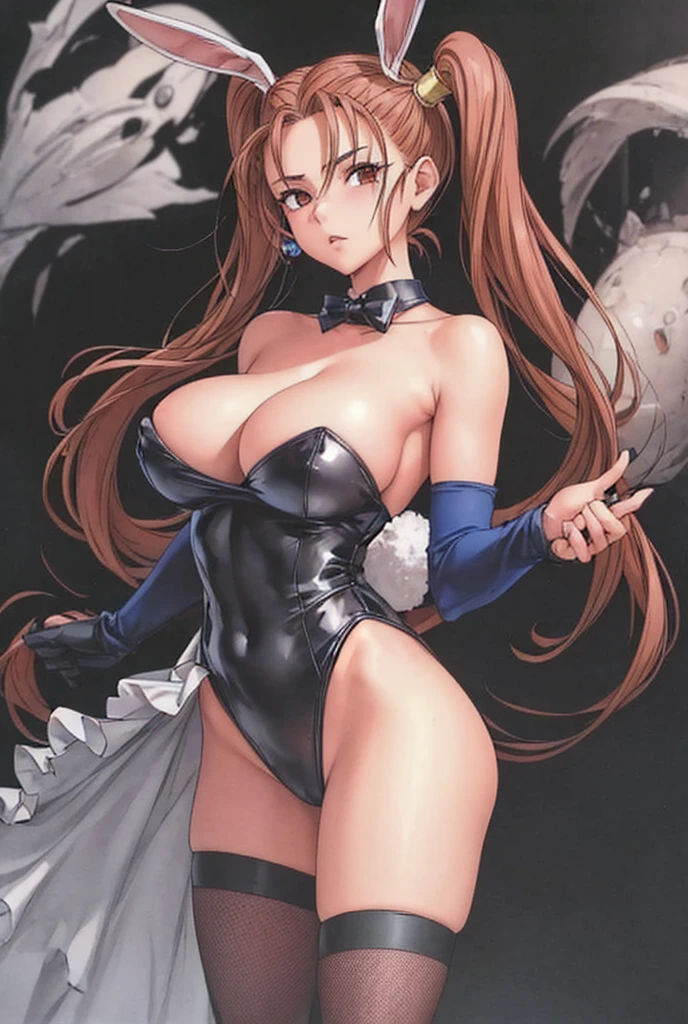 Jessica, with her large breasts, beautiful legs, shoulder-length twin tails, and mature face, showing off her arms and shoulders, is dressed as a bunny girl in a black high-cut bunny suit and fishnet stockings, standing with her legs spread to the side.。A middle-aged man from the nobility stands next to Jessica.。